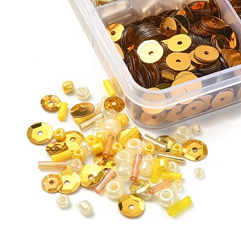 DIY Beads Jewelry Making Finding Kit, Including Bugle & Round Glass Seed & Plastic Paillette Beads, Yellow, 110G/box
