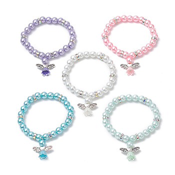 Glass Imitation Pearl Beaded Bracelets, Alloy Angel Pendant Bracelets for Women, Mixed Color, Inner Diameter: 1-7/8 inch(4.9cm)