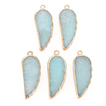Natural Agate Pendants, with Light Gold Plated Iron Findings, Wing, Dyed & Heated, Pale Turquoise, 33~33.5x12~13x5~6mm, Hole: 1.8mm