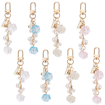 Olycraft 8Pcs 4 Colors Rose Pearl Bead Resin Pendant Decoration, with Alloy Swivel Clasp, for Keychain Earphone Bag Pendant Decoration, Mixed Color, 109.5mm, 2pcs/color