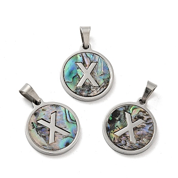 304 Stainless Steel with Paua Shell Pendants, Stainless Steel Color, Flat Round with Letter Charm, Letter.X, 18x16x1.5mm, Hole: 3x6mm