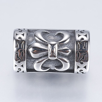 304 Stainless Steel Tube Beads, Large Hole Beads, Column with Flower, Antique Silver, 20.5x12mm, Hole: 8mm