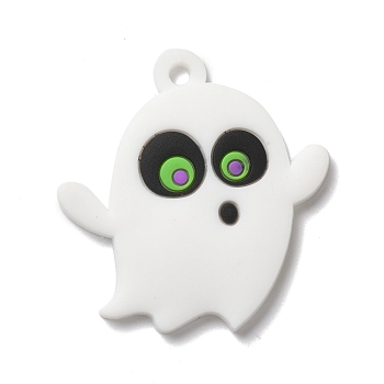 Ghost PVC Pendants, for Halloween, White, 39x37.5x2.5mm, Hole: 3mm