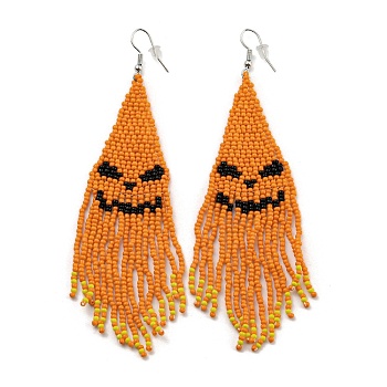 Boho Seed Bead Halloween Pumpkin Tassel Earrings, Iron Dangle Earring for Women, Orange, 120x32mm