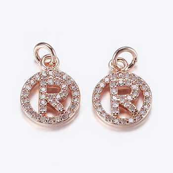 Brass Micro Pave Cubic Zirconia Pendants, Cadmium Free & Lead Free, Flat Round, Letter.R, Rose Gold, 16x10x2~2.5mm, Hole: 2.5~3mm