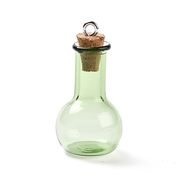 Glass Pendants, with Wood Bottle Stopper and Platinum Alloy Loops, Bulb Shaped, Lime Green, 34x18mm, Hole: 2mm