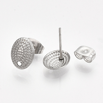 304 Stainless Steel Stud Earring Findings, with Ear Nuts/Earring Backs, Oval, Stainless Steel Color, 9.5x7.5mm, Hole: 1mm, Pin: 0.7mm