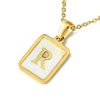 Ion Plating(IP) Rectangle with Initial Letter 304 Stainless Steel Pendant Necklace, white Shell, Real 18K Gold Plated, Letter R, 16.06 inch(40.8cm)