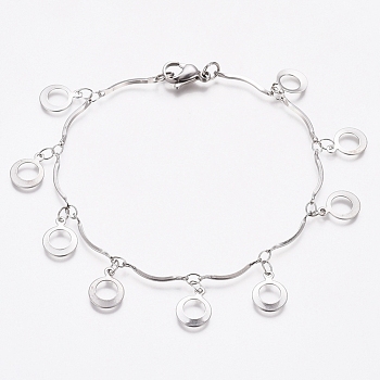 304 Stainless Steel Ring Charm Bracelets, Bar Link Chain Bracelets, with Lobster Claw Clasps, Stainless Steel Color, 7-5/8 inch(19.5cm)