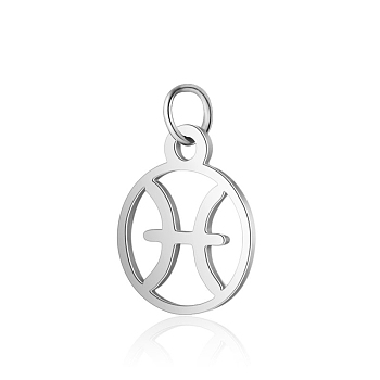 304 Stainless Steel Charms, with Jump Rings, Polished, Flat Round with Constellation, Pisces, 13x11x1mm, Hole: 2.5mm