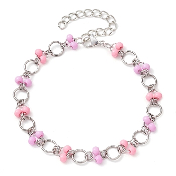 Pink & Plum Glass Seed Bead Link Bracelets, 304 Stainless Steel Ring Link Bracelets for Women, Stainless Steel Color, 8-1/4 inch(20.9cm)