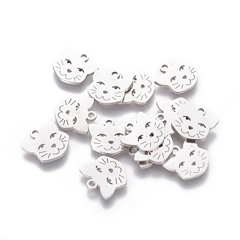 201 Stainless Steel Kitten Charms, Cat Head Shape, Stainless Steel Color, 12x12x1.1mm, Hole: 1.5mm