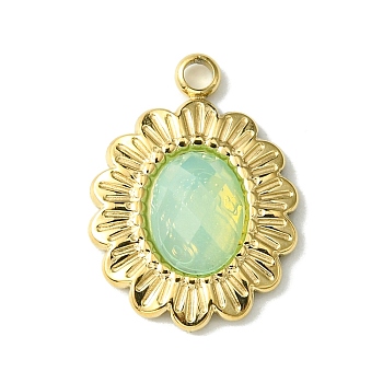 Ion Plating(IP) Real 14K Gold Plated 304 Stainless Steel with Glass Pendant, Oval Flower Charms, Pale Green, 18x13x3.5mm, Hole: 1.6mm