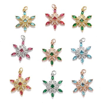 Brass Cubic Zirconia Pendants, Long-Lasting Plated, Snowflake, Mixed Color, 24.5x19x4mm, Hole: 3.6mm