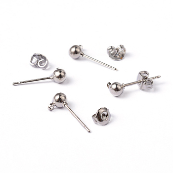 Platinum Color Brass Post Earring Findings, with Loop, 15x6mm, Hole: 1mm, Ball: 4mm, Pin: 0.8mm