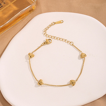 304 Stainless Steel Curb Chains Bracelets, Heart Link Chain Bracelets for Women, Golden, 170mm