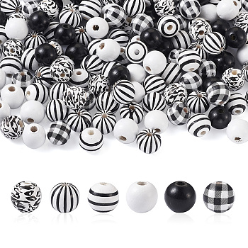 180Pcs 6 Style Natural Wood Beads, Dyed, Round, Mixed Color, 16mm, hole: 4mm, 30pcs/style
