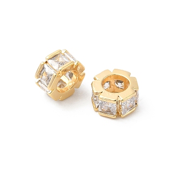 Brass Micro Pave Cubic Zirconia Beads, Flat Round, Real 18K Gold Plated, 6.5x3.5mm, Hole: 3.5mm
