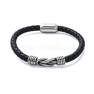 Men's Braided Black PU Leather Cord Bracelets, Knot 304 Stainless Steel Link Bracelets with Magnetic Clasps, Antique Silver, 8-1/4x3/8 inch(21x1cm)(BJEW-K243-60AS)