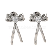 304 Stainless Steel Bowknot Stud Earrings, with Clear Cubic Zirconia, Stainless Steel Color, 24x14mm(EJEW-C113-01P)