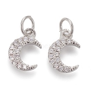 Brass Micro Pave Clear Cubic Zirconia Charms, Long-Lasting Plated, with Jump Rings, Moon, Platinum, 10x8x1.6mm, Hole: 3.6mm, jump ring: 5x0.6mm(ZIRC-Z005-01C)