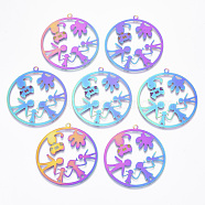 Ion Plating(IP) 304 Stainless Steel Filigree Pendants, Etched Metal Embellishments, Ring with Family & Cat, Rainbow Color, 48.5x45.5x0.4mm, Hole: 2mm(STAS-T057-28)