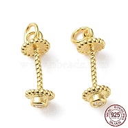 925 Sterling Silver with Clear Cubic Zirconia Charms, Weightlifting Barbell Charm, Real 18K Gold Plated, 11x4mm, Hole: 2mm(STER-G036-14G)