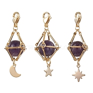 Natural Amethyst Brass Pendant Decorations, Diamond with Star & Moon, 48~52mm, 3pcs/set(HJEW-JM01817-03)