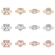 12Pcs 12 Styles Brass Pave Clear Cubic Zirconia Connector Charms, Long-Lasting Plated, Heart & Oval & Flat Round & Square, Mixed Shapes, Mixed Color, 11x5~7x3~3.8mm, Hole: 1~1.2mm, 1pc/style(KK-FH0005-86)