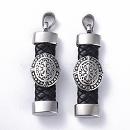 Imitation Leather Pendants, with 304 Stainless Steel Findings, Rectangle with Oval, Black, Antique Silver & Stainless Steel Color, 57x17.5~18x11.5mm, Hole: 6x9mm(STAS-G198-02)