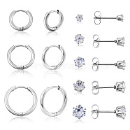 16Pcs 8 Style Clear Cubic Zirconia Stud Earrings & Titanium Steel Huggie Hoop Earrings, 304 Stainless Steel Jewelry for Women, Stainless Steel Color, Stud Earrings: 14~17x3.5~8.5mm, Hoop Earrings: 11.5~15x12.5~16x2mm, Pin: 1mm, 2Pcs/style(DIY-TA0004-54)