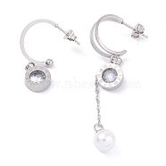 Ion Plating(IP) 304 Stainless Steel Asymmetrical Stud Earrings, Half Hoop Earrings with Rhinestone and Plastic Imitation Pearl, Flat Round with Roman Numerals, Mixed Color, 33.5~65mm, Pin: 0.8mm(EJEW-P191-38)