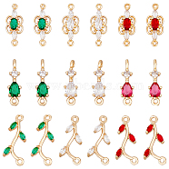 18Pcs 9 Styles Brass Pave Cubic Zirconia Connector Charms, Light Gold, Long-Lasting Plated, Branch & Teardrop & Butterfly, Mixed Color, 17~21x5~8.5x3~3.5mm, Hole: 1.2~1.5mm, 2pcs/style(KK-FH0006-34)