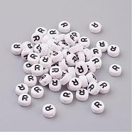 Flat Round with Letter R Acrylic Beads, with Horizontal Hole, White & Black, Size: about 7mm in diameter, 4mm thick, hole: 1mm(X-PL37C9070-R)