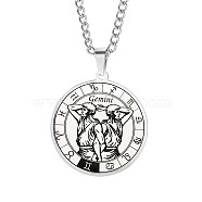 Unisex 201 Stainless Steel Constellation Pendant Necklaces, with Curb Chains, Laser Engraved Pattern, Flat Round, Gemini, 13.19 inch(335mm) (NJEW-T011-LA721-3)