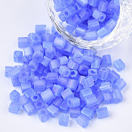 6/0 Transparent Glass Seed Beads, Frosted AB Colours, Square Hole, Cube, Royal Blue, 6/0, 3~5x3~4x3~4mm, Hole: 1.2~1.4mm, about 4500pcs/bag(SEED-S027-03B-06)