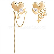 Clear Cubic Zirconia Heart with Moon & Star Asymmetrical Earrings, Brass Long Tassel Dangle Earrings for Women, Golden, 94.5x25mm, 30x22mm, Pin: 0.7mm(JE968A)