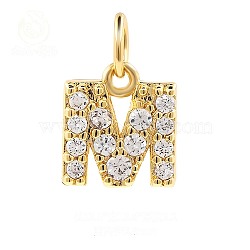 Brass Cubic Zirconia Pendants with Jump Rings, Real 18K Gold Plated, Letter M, 12.5x10.8x2.2mm, Hole: 2.8mm(FIND-PW0024-09M)