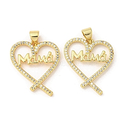 Mother's Day Theme Rack Plating Brass Micro Pave Cubic Zirconia Pendants, Long-Lasting Plated, Lead Free & Cadmium Free, Heart and Word Mama Charms, Real 18K Gold Plated, 23.5x19x2mm, Hole: 5x3mm(KK-F869-19G-02)