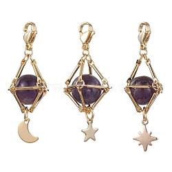 Natural Amethyst Brass Pendant Decorations, Diamond with Star & Moon, 48~52mm, 3pcs/set(HJEW-JM01817-03)