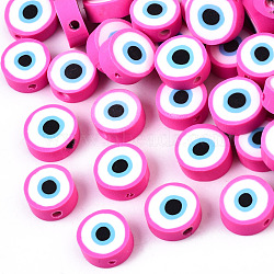 Handmade Polymer Clay Beads, Flat Round with Evil Eye, Camellia, 9~10x3.5~4.5mm, Hole: 1.5mm(CLAY-ZX006-07F)