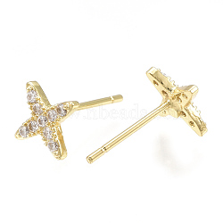 Brass Ear Studs, with Cubic Zirconia, Star, Real 18K Gold Plated, 6.5x6.5mm, Pin: 0.8mm(X-KK-S348-215)