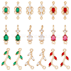 18Pcs 9 Styles Brass Pave Cubic Zirconia Connector Charms, Light Gold, Long-Lasting Plated, Branch & Teardrop & Butterfly, Mixed Color, 17~21x5~8.5x3~3.5mm, Hole: 1.2~1.5mm, 2pcs/style(KK-FH0006-34)