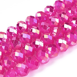 Baking Painted Glass Beads Strands, Imitation Jade, Faceted, AB Color Plated, Rondelle, Fuchsia, 8x6~6.5mm, Hole: 1.2mm, about 63~65pcs/strand, 39~40cm(DGLA-A034-J8mm-B11)