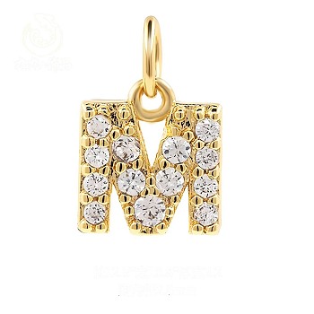 Brass Cubic Zirconia Pendants with Jump Rings, Real 18K Gold Plated, Letter M, 12.5x10.8x2.2mm, Hole: 2.8mm