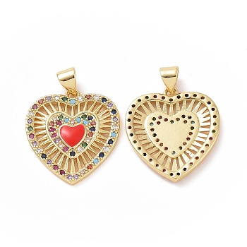 Brass Cubic Zirconia Pendants, with Enamel, Heart Charm, Colorful, 22.5x20x2.5mm, Hole: 3x5mm