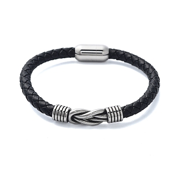 Men's Braided Black PU Leather Cord Bracelets, Knot 304 Stainless Steel Link Bracelets with Magnetic Clasps, Antique Silver, 8-1/4x3/8 inch(21x1cm)