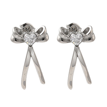 304 Stainless Steel Bowknot Stud Earrings, with Clear Cubic Zirconia, Stainless Steel Color, 24x14mm