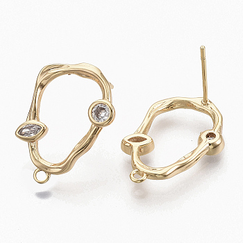 Brass Cubic Zirconia Stud Earring Findings, with 925 Sterling Silver Pins and Loop, with S925 Stamp, Nickel Free, Teardrop, Real 18K Gold Plated, Clear, 20x14mm, Hole: 1.2mm, Pin: 0.7mm