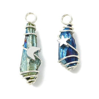 2Pcs Electroplated Natural Quartz Crystal Dyed Copper Wire Wrapped Pendants, Teardrop Charms with Brass Star & Moon, Platinum, Blue, 28~37x9.5~15.5x7.5~16mm, Hole: 3.5~4mm